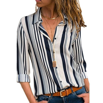 

Fashion Women´s Ladies Long Sleeve Loose Blouse Casual Striped Shirt Summer Chiffon Tops T-Shirt