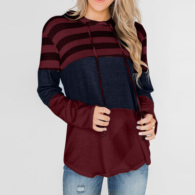 

Tailored Womens Long Sleeve Striped Color Block Drawstring Hoodie Top Blouse
