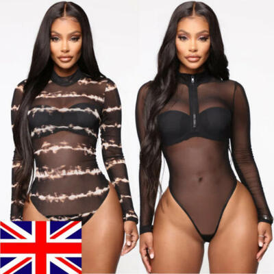 

Women Mesh Bodysuit Leotard Blouse Long Sleeve See Through Jumpsuit Tops Catsuit