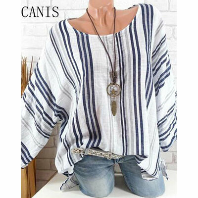

Plus Size Women Tops Long Sleeve Blouse Cotton Linen Striped Baggy Loose T-Shirt