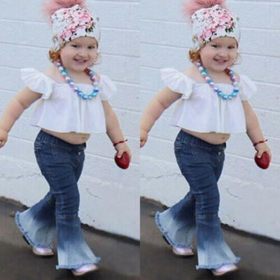 

Fashion Girls Summer Clothes off Shoulder TopsDenim Flared Pants Outfits Set