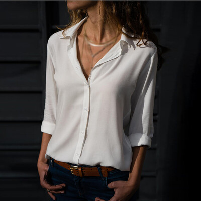 

Women Ladies Casual Solid Long Sleeve Button Down Chiffon Blouse T-shirt Tops