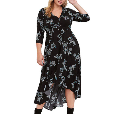 

5XL Big Size 2018 Women Long Dress Autumn Female Print V Neck Plus Size