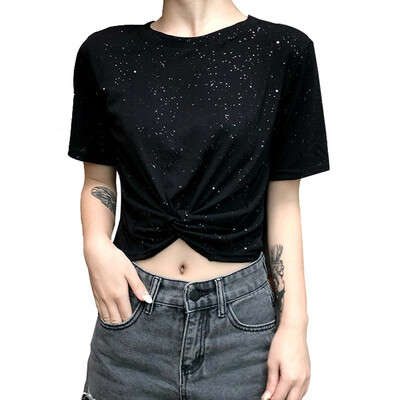

Simple Beautiful Black Short-sleeved Women T-shirt Novel Shiny Women T-shirt
