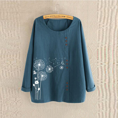 

Roseonmyhand Plus Size Women Long Sleeve Cotton Linen O-Neck Print Blouse Top T-Shirt