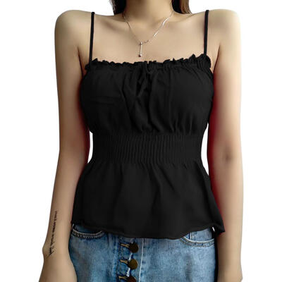 

Women Sleeveless Solid Defined Waist Knitted Backless Drawstring Strap Vest