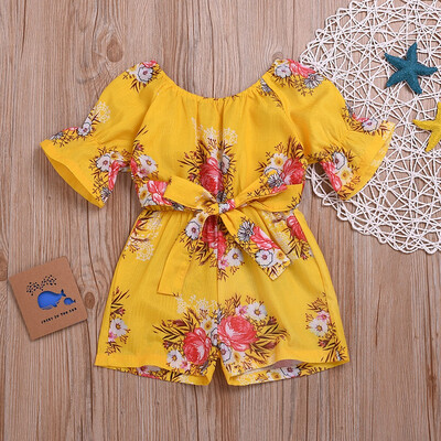 

Children Baby Girl Short Sleeve Off Shoulder Floral Print Bow Romper Jumpsuit