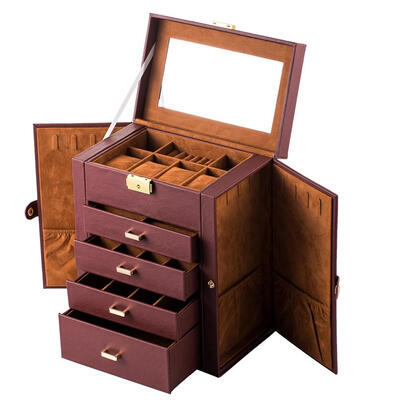 

Faux Leather Jewelry Box Mirror Brown Necklace Ring Storage Lockable Case