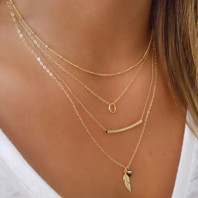 

Europe&America multi-layer necklace metal sexy small leaves rhinestone pendant copper tube necklace layered neck chain batch