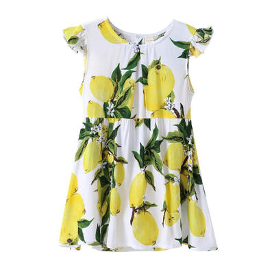 

Fruit Printed Dress Flying Sleeve Kids Girl Summer Loose Button Dresses