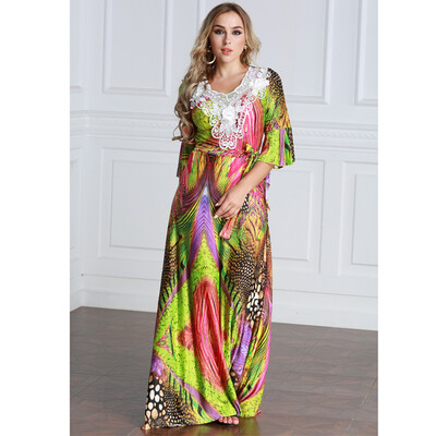 

Women Plus Size Muslim Dress Colorful Crochet Lace V Neck High Waist Tied Belt Long Gown Islamic Robe