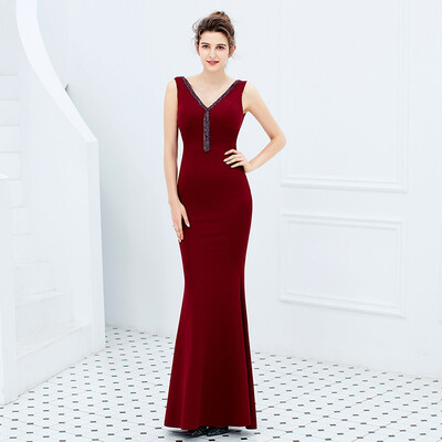 

Elegant Women Sleeveless Mermaid Evening Dress Beading Party Prom Dress Long Slim Host Dress