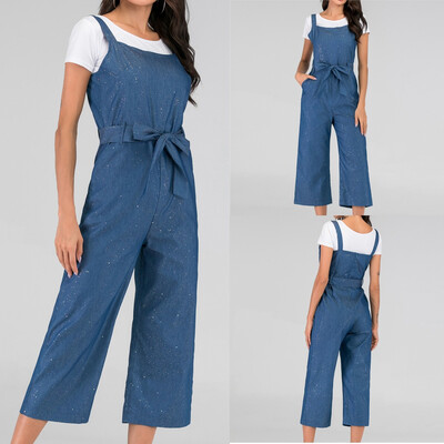 

Starmoon Fashion Woman Summer Wide Leg Straight Casual Denim Strap Shine Long Jumpsuit