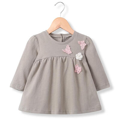 

Loose Sweet Solid Color Cute A-line Dress Kids Girls O-Neck Flowers Decor