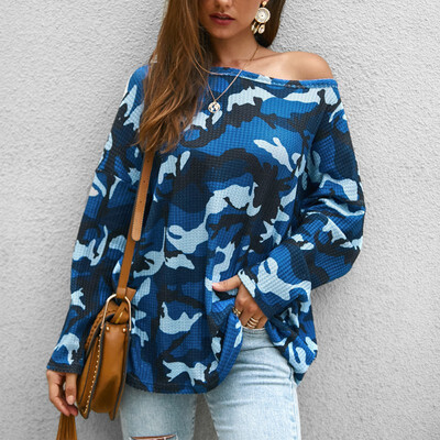 

Women Wild T-Shirt Round Neck Collar Loose Camouflage Printed Long-Sleeved Casual Tops