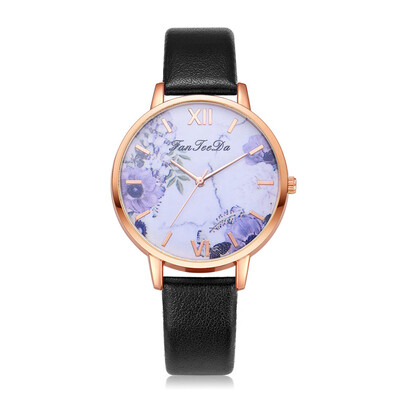

Minimalism Womens Watches Purple Floral Dial Ladies Simple Quartz Wristwatch Leather Strap Clock Casual Dress Reloj Mujer