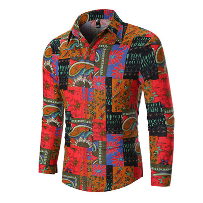 

Toponeto Mens Autumn Ethnic Business Leisure Printing Long-sleeved Shirt Top Blouse