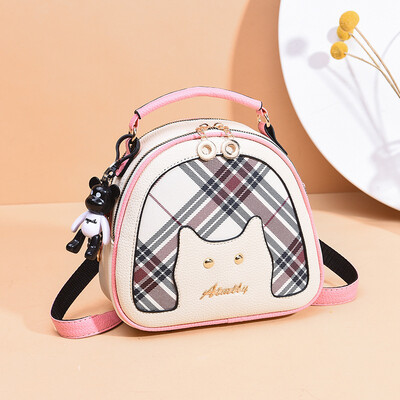 

New cute cat decorative check small round bag shoulder bag student Korean version ins wind children fun shoulder bag
