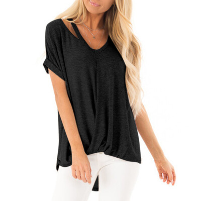 

Nomeni Women V-neck T-Shirt Off-the-shoulder Short-sleeve Blouse Knot Fold Shirt Tops