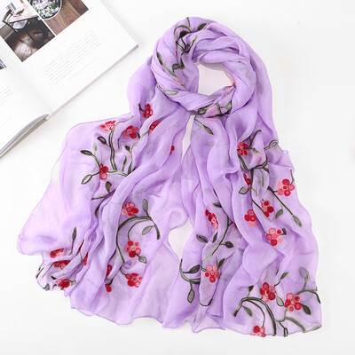 

2018 new ten miles peach chiffon flower embroidered silk scarf female travel photo sunscreen beach shawl wholesale