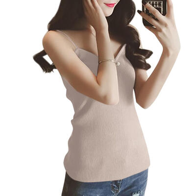 

Knitted Tank Tops Women Sexy Slip Vest Simple Stretchable V-Neck Slim Shirt