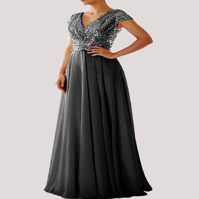 

V-neck Sequins Solid Full-length Chiffon Splice Bustier Evening Dress