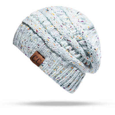 

Women Stretch Knitted Beanie Hat Slouchy Mixed Color Hole Messy Bun High Ponytail Cool Winter Warm Cap
