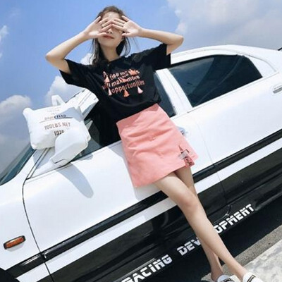 

Women Summer Loose Simple Short Sleeve Round Collar T-Shirt Casual Slim Print Skirt Two-Piece Suit