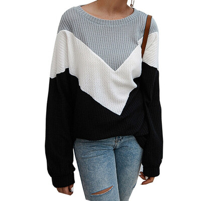 

2019 Autumn Winter Women Fashion knitting O-neck Long sleeve Splice Loose Sweater