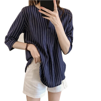 

Womens Tops Casual Blouses Summer Striped Female Shirts V Neck Three Quarter Sleeve Vintage Clothing