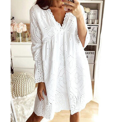 

Tailored Women Boho Solid V-Neck Dresses Hollow Out Splice Long Sleeve Mid-Long Dresses