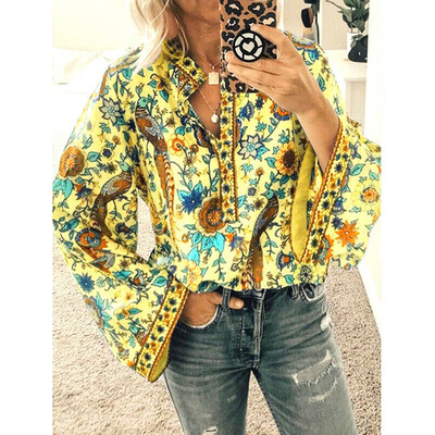 

Vintage Women Printed Ethnic Style Long Sleeve Blouse Ladies Boho V Neck Tops