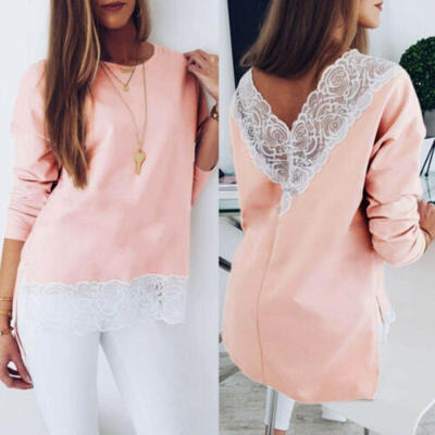 

US Summer Fashion Women Lace Long Sleeve Loose Casual T-shirt Tops Shirt Blouse