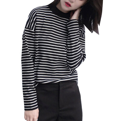 

Women Summer Elegant Fashion Design Loose Slim Striped Half-high Collar Korean Long-sleeved Wild Bottoming Shirt White