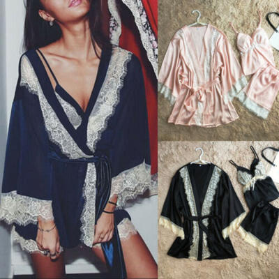 

3PCS Women Lace Night Dress Silk Satin Pajama Sleepwear Robes Nightwear Gown AU