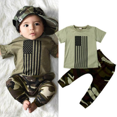 

Newborn Kids Baby Boys USA Flag Tops T-Shirt Camouflage Pants Outfits Clothes