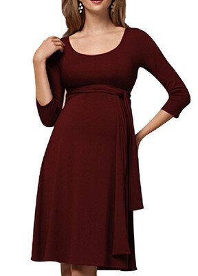 

Mommys Round Neck Pure Color Covenient Lactation Dress