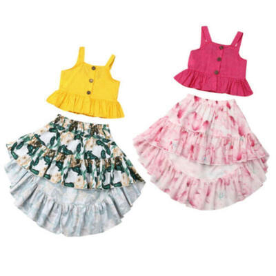 

US 2pcs 2019 Toddler Baby Girl Sling TopsFloral Princess Skirt Sunsuit Outfits