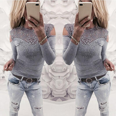 

Tomblin Women Floral Lace Patchwork Cold Open Shoulder Long Sleeve Slim Fit Casual Blouse Tops T Shirts