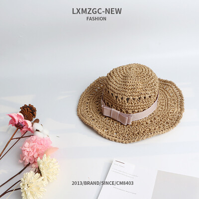 

New parent-child hat womens outdoor sunshade sun hat foldable manual straw hat childrens bow basin hat