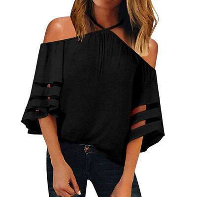 

Nomeni Women Off Shoulder Mesh Panel Blouse 34 Bell Sleeve Loose Top Shirt