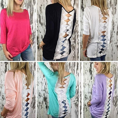 

Womens Long Sleeve Shirt Fashion Loose Backless O-Neck Tops Casual Blouse New