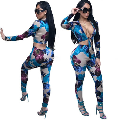 

New Sexy Women Print Two-Piece Set Front Knot V Neck Long Sleeve Crop Top High Waist Pants Tracksuit Outfit Blue