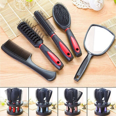 

5Pcs Salon Hair Comb Mirror Set With Hairbrush Modelling Holder Styling Tool