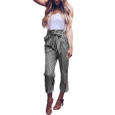 

Tailored Women High Waist Harem Pants Women Bowtie Elastic Waist Stripe Casual Pants