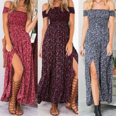 

Boho Womens Holiday Off Shoulder Floral Maxi Dress Summer Beach Party Sundress