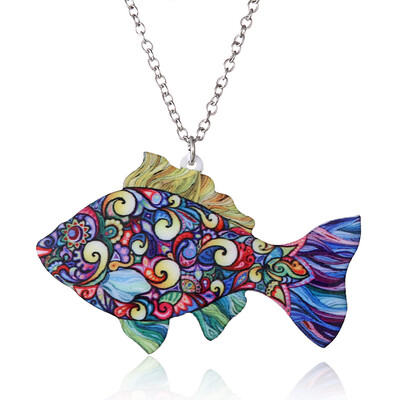 

Handmade Colorful Double Side Acrylic Printing Flower Eagle Cat Bird Pendant Necklace For Women Costume Sweater Chain Jewelry