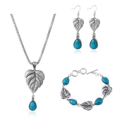 

European And American Fashion Leaf Jewelry SetAntique Turquoise Necklace Bracelet Earrings Set For Women