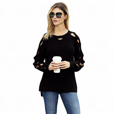 

Round neck long sleeve sweater ribbed knit pullover womens sweater