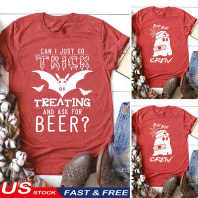 

US Women Halloween Costume Short Sleeve Top Bat Ghost Letter Printed T-shirt Tee